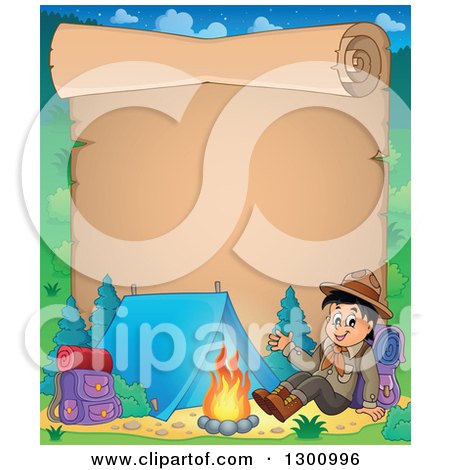 Clipart of a Cartoon Parchment Page and a Happy Scout Boy Sitting with a Backpack and Waving by a Camp Fire - Royalty Free Vector Illustration by visekart