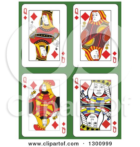 Clipart of Queen of Diamonds Playing Cards over Green - Royalty Free ...