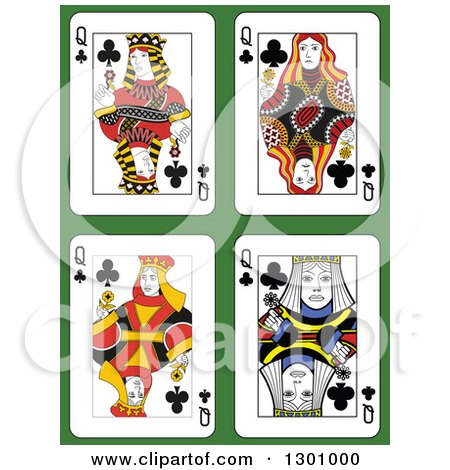 Clipart of Queen of Clubs Playing Cards over Green - Royalty Free Vector Illustration by Frisko