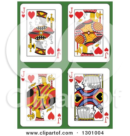 Clipart of Jack of Hearts Playing Cards over Green - Royalty Free Vector Illustration by Frisko