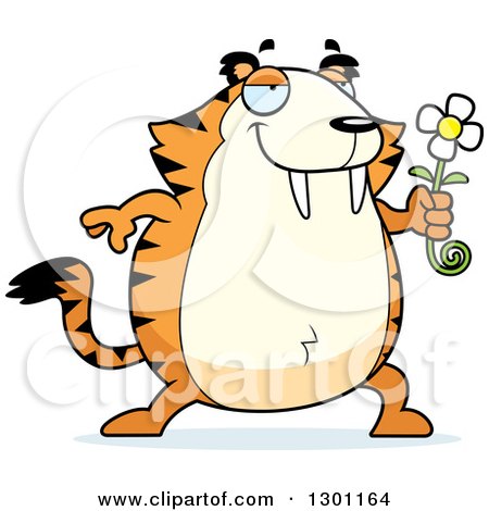 Clipart of a Cartoon Romantic Chubby Sabertooth Tiger Giving a Flower - Royalty Free Vector Illustration by Cory Thoman