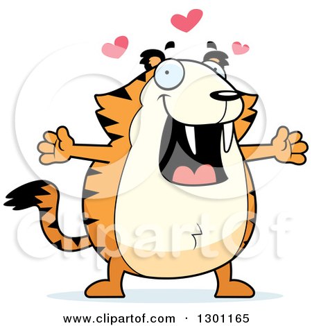 Clipart of a Cartoon Loving Chubby Sabertooth Tiger with Open Arms and Hearts - Royalty Free Vector Illustration by Cory Thoman