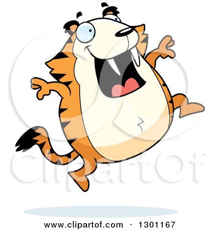 Clipart of a Cartoon Happy Chubby Sabertooth Tiger Jumping - Royalty Free Vector Illustration by Cory Thoman