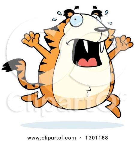 Clipart of a Cartoon Scared Chubby Sabertooth Tiger Running and Screaming - Royalty Free Vector Illustration by Cory Thoman