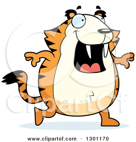 Clipart of a Cartoon Happy Chubby Sabertooth Tiger Walking - Royalty Free Vector Illustration by Cory Thoman