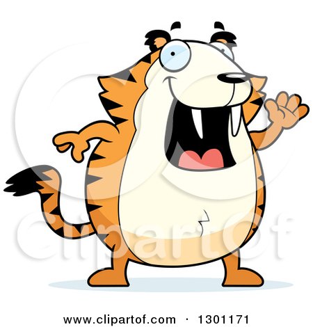 Clipart of a Cartoon Happy Friendly Chubby Sabertooth Tiger Waving - Royalty Free Vector Illustration by Cory Thoman