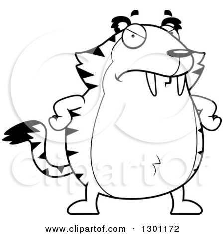 Outline Clipart of a Black and White Cartoon Angry Mad Chubby Sabertooth Tiger with Hands on His Hips - Royalty Free Lineart Vector Illustration by Cory Thoman