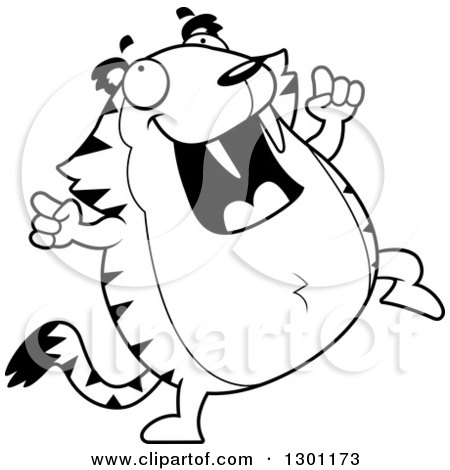 Outline Clipart of a Black and White Cartoon Happy Chubby Sabertooth Tiger Dancing - Royalty Free Lineart Vector Illustration by Cory Thoman