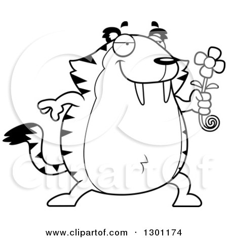 Outline Clipart of a Black and White Cartoon Romantic Chubby Sabertooth Tiger Giving a Flower - Royalty Free Lineart Vector Illustration by Cory Thoman