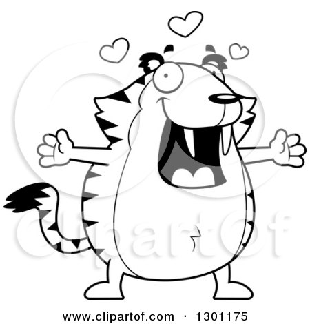 Outline Clipart of a Black and White Cartoon Loving Chubby Sabertooth Tiger with Open Arms and Hearts - Royalty Free Lineart Vector Illustration by Cory Thoman
