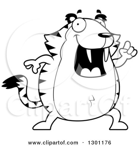 Outline Clipart of a Black and White Cartoon Smart Happy Chubby Sabertooth Tiger with an Idea - Royalty Free Lineart Vector Illustration by Cory Thoman