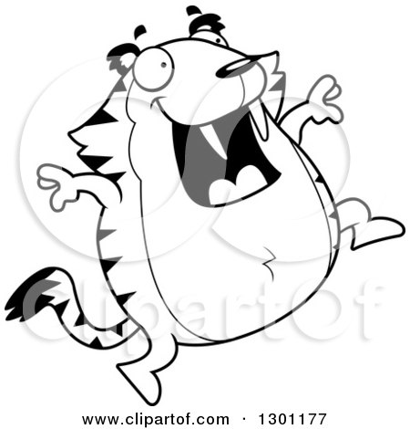 Outline Clipart of a Black and White Cartoon Happy Chubby Sabertooth Tiger Jumping - Royalty Free Lineart Vector Illustration by Cory Thoman