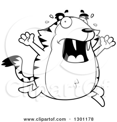 Outline Clipart of a Black and White Cartoon Scared Chubby Sabertooth Tiger Running and Screaming - Royalty Free Lineart Vector Illustration by Cory Thoman