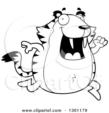 Outline Clipart of a Black and White Cartoon Happy Chubby Sabertooth Tiger Running - Royalty Free Lineart Vector Illustration by Cory Thoman