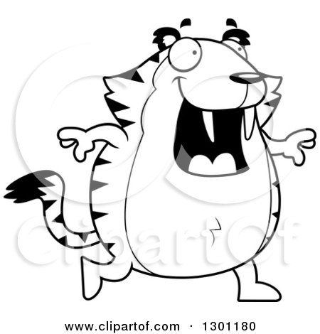 Outline Clipart of a Black and White Cartoon Happy Chubby Sabertooth Tiger Walking - Royalty Free Lineart Vector Illustration by Cory Thoman
