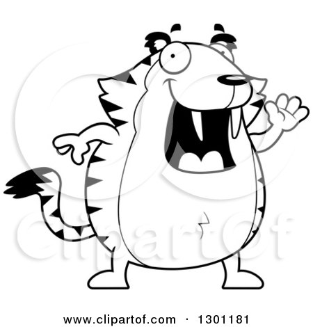Outline Clipart of a Black and White Cartoon Happy Friendly Chubby Sabertooth Tiger Waving - Royalty Free Lineart Vector Illustration by Cory Thoman