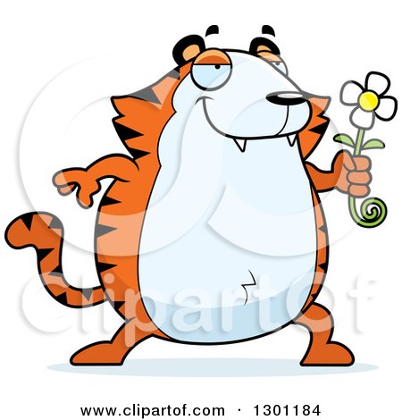 Clipart of a Cartoon Romantic Chubby Tiger Giving a Flower - Royalty Free Vector Illustration by Cory Thoman