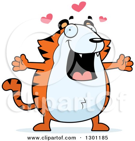 Clipart of a Cartoon Loving Chubby Tiger with Open Arms and Hearts - Royalty Free Vector Illustration by Cory Thoman