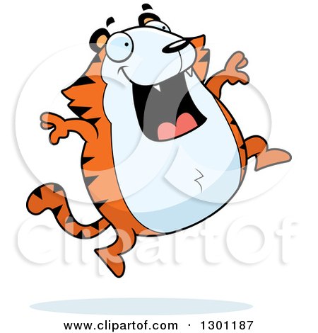 Clipart of a Cartoon Happy Chubby Tiger Jumping - Royalty Free Vector Illustration by Cory Thoman