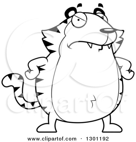 Outline Clipart of a Cartoon Black and White Angry Mad Chubby Tiger with Hands on His Hips - Royalty Free Lineart Vector Illustration by Cory Thoman
