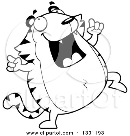 Outline Clipart of a Cartoon Black and White Happy Chubby Tiger Dancing - Royalty Free Lineart Vector Illustration by Cory Thoman