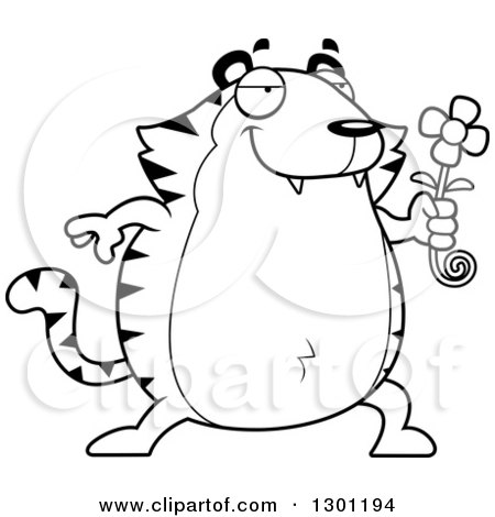 Outline Clipart of a Cartoon Black and White Romantic Chubby Tiger Giving a Flower - Royalty Free Lineart Vector Illustration by Cory Thoman