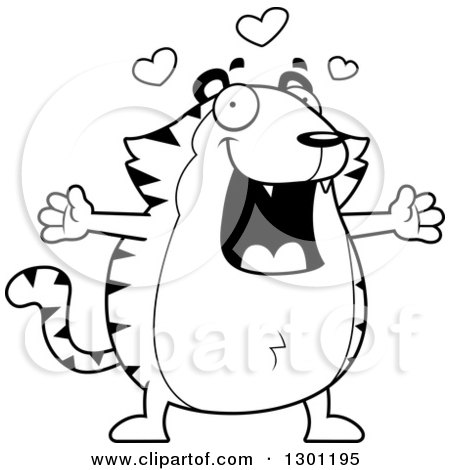 Outline Clipart of a Cartoon Black and White Loving Chubby Tiger with Open Arms and Hearts - Royalty Free Lineart Vector Illustration by Cory Thoman