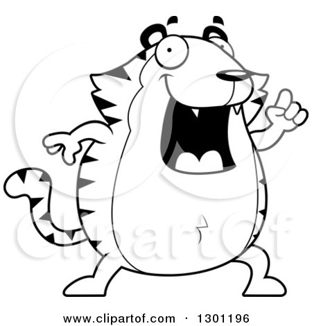 Outline Clipart of a Cartoon Black and White Happy Smart Chubby Tiger with an Idea - Royalty Free Lineart Vector Illustration by Cory Thoman
