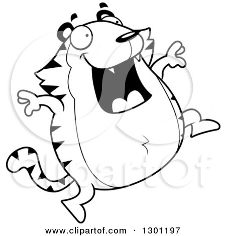 Outline Clipart of a Cartoon Black and White Happy Chubby Tiger Jumping - Royalty Free Lineart Vector Illustration by Cory Thoman