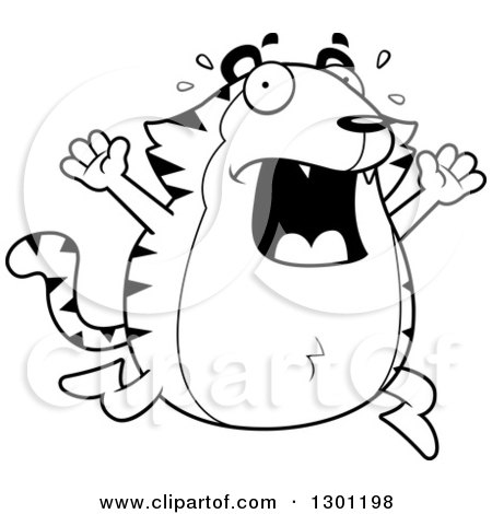 Outline Clipart of a Cartoon Black and White Scared Screaming Chubby Tiger Running - Royalty Free Lineart Vector Illustration by Cory Thoman