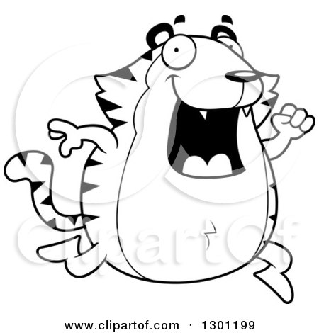 Outline Clipart of a Cartoon Black and White Happy Chubby Tiger Running - Royalty Free Lineart Vector Illustration by Cory Thoman