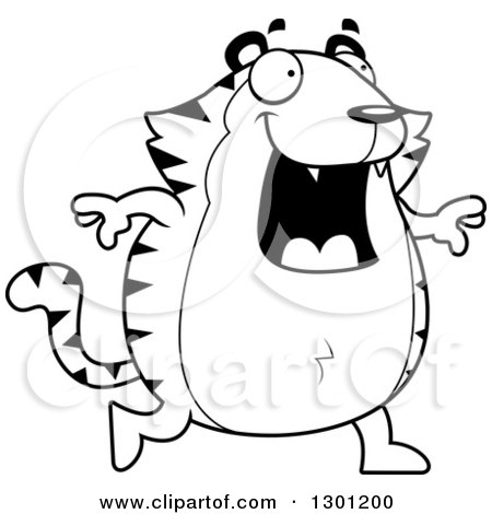 Outline Clipart of a Cartoon Black and White Happy Chubby Tiger Walking - Royalty Free Lineart Vector Illustration by Cory Thoman