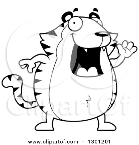 Outline Clipart of a Cartoon Black and White Happy Friendly Chubby Tiger Waving - Royalty Free Lineart Vector Illustration by Cory Thoman