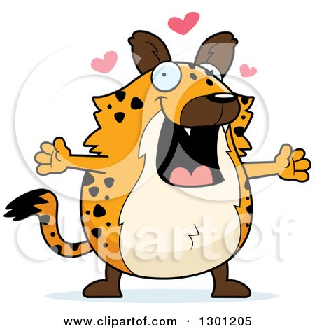 Clipart of a Cartoon Loving Chubby Hyena with Open Arms and Hearts - Royalty Free Vector Illustration by Cory Thoman