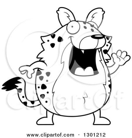 Outline Clipart of a Black and White Cartoon Happy Friendly Chubby Hyena Waving - Royalty Free Lineart Vector Illustration by Cory Thoman