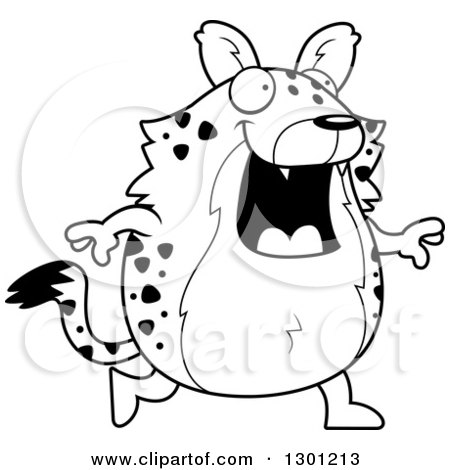 Outline Clipart of a Black and White Cartoon Happy Chubby Hyena Walking - Royalty Free Lineart Vector Illustration by Cory Thoman