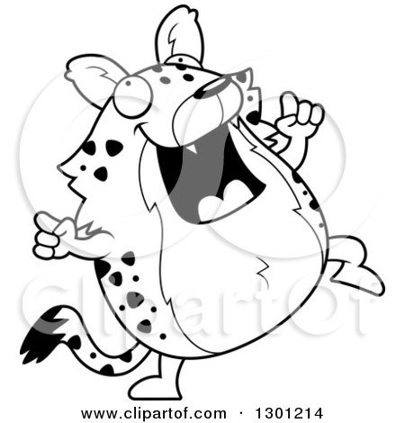 Outline Clipart of a Black and White Cartoon Happy Chubby Hyena Dancing - Royalty Free Lineart Vector Illustration by Cory Thoman