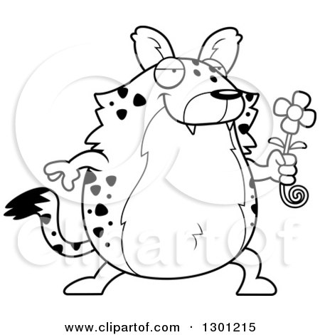 Outline Clipart of a Black and White Cartoon Romantic Chubby Hyena Giving a Flower - Royalty Free Lineart Vector Illustration by Cory Thoman
