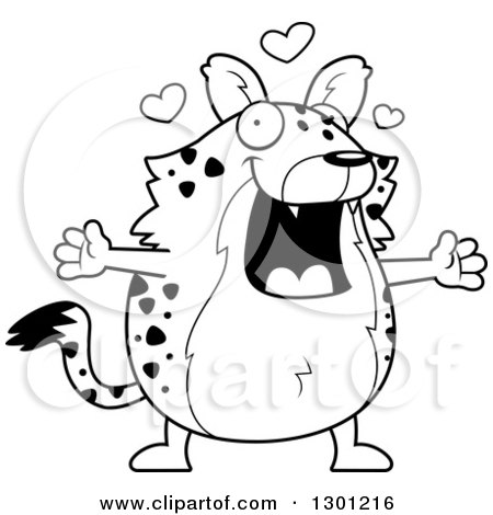 Outline Clipart of a Black and White Cartoon Loving Chubby Hyena with Open Arms and Hearts - Royalty Free Lineart Vector Illustration by Cory Thoman