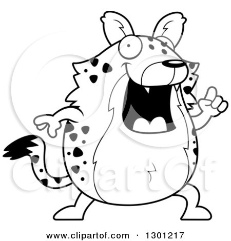Outline Clipart of a Black and White Cartoon Happy Smart Chubby Hyena with an Idea - Royalty Free Lineart Vector Illustration by Cory Thoman