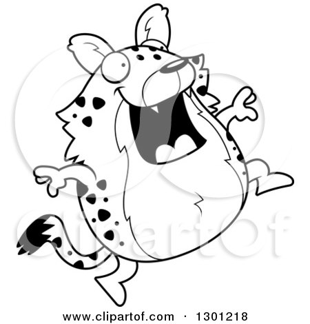 Outline Clipart of a Black and White Cartoon Happy Chubby Hyena Jumping - Royalty Free Lineart Vector Illustration by Cory Thoman