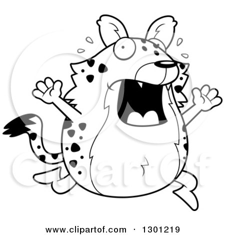 Outline Clipart of a Black and White Cartoon Scaraed Chubby Hyena Running - Royalty Free Lineart Vector Illustration by Cory Thoman