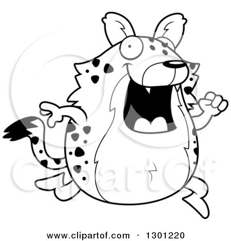 Outline Clipart of a Black and White Cartoon Happy Chubby Hyena Running - Royalty Free Lineart Vector Illustration by Cory Thoman