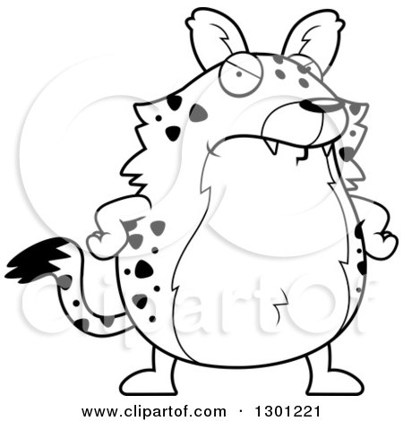 Outline Clipart of a Black and White Cartoon Angry Mad Chubby Hyena with Hands on His Hips - Royalty Free Lineart Vector Illustration by Cory Thoman