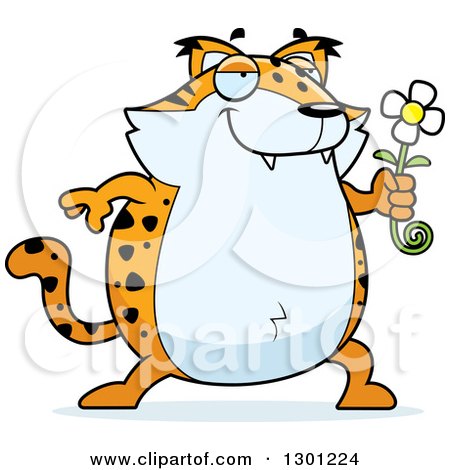 Clipart of a Cartoon Romantic Chubby Bobcat Character Giving a Flower - Royalty Free Vector Illustration by Cory Thoman