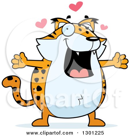 Clipart of a Cartoon Loving Chubby Bobcat Character with Open Arms and Hearts - Royalty Free Vector Illustration by Cory Thoman