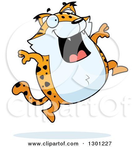 Clipart of a Cartoon Happy Chubby Bobcat Character Jumping - Royalty Free Vector Illustration by Cory Thoman