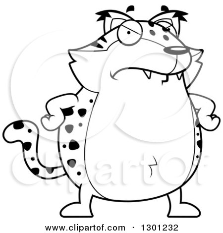 Outline Clipart of a Cartoon Black and White Mad Angry Chubby Bobcat Character with Hands on His Hips - Royalty Free Lineart Vector Illustration by Cory Thoman