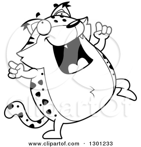 Outline Clipart of a Cartoon Black and White Happy Dancing Chubby Bobcat Character - Royalty Free Lineart Vector Illustration by Cory Thoman