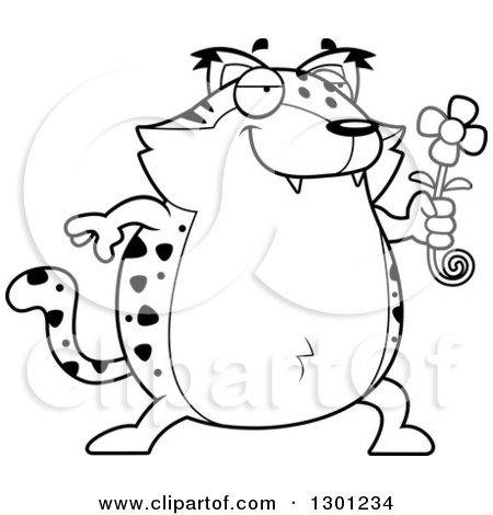 Outline Clipart of a Cartoon Black and White Romantic Chubby Bobcat Character Giving a Flower - Royalty Free Lineart Vector Illustration by Cory Thoman